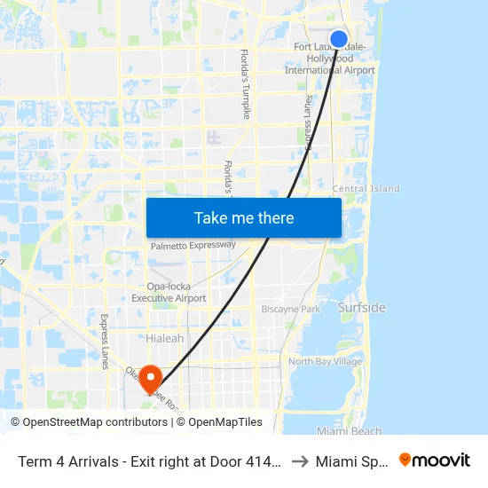 Term 4 Arrivals - Exit right at Door 414 - White Awning - Zone B to Miami Springs, FL map