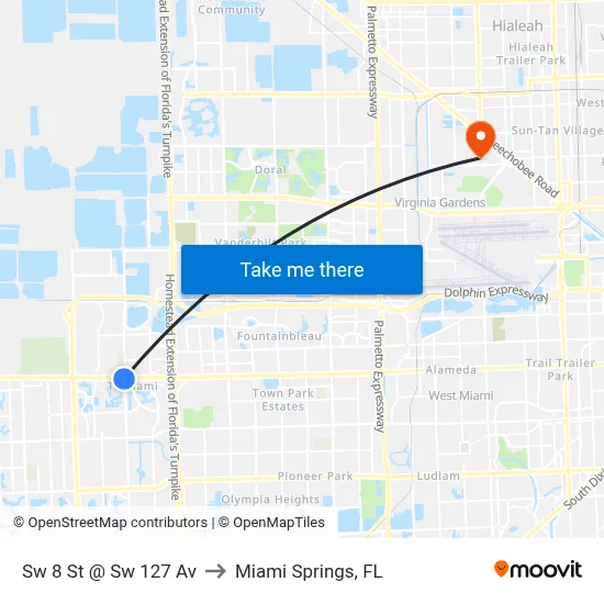 Sw 8 St @ Sw 127 Av to Miami Springs, FL map