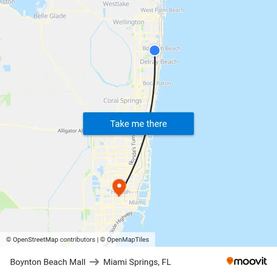 Boynton Beach Mall to Miami Springs, FL map