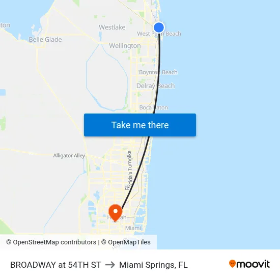 BROADWAY at 54TH ST to Miami Springs, FL map