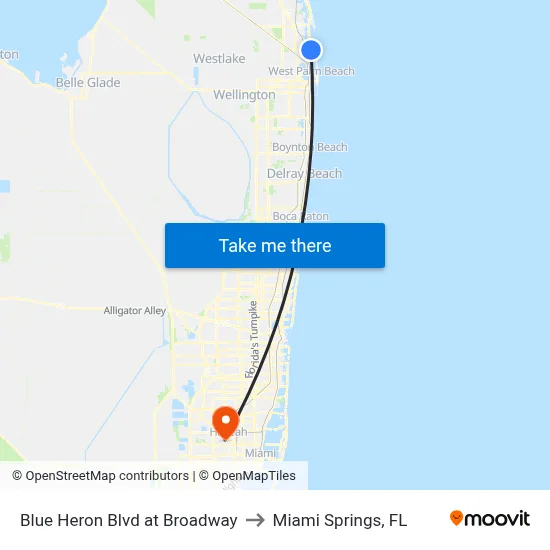 Blue Heron Blvd at Broadway to Miami Springs, FL map