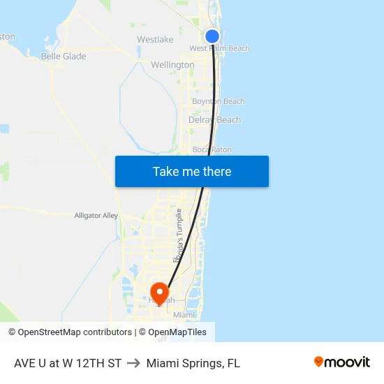 AVE U at W 12TH ST to Miami Springs, FL map
