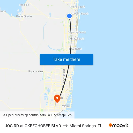 JOG RD at OKEECHOBEE BLVD to Miami Springs, FL map
