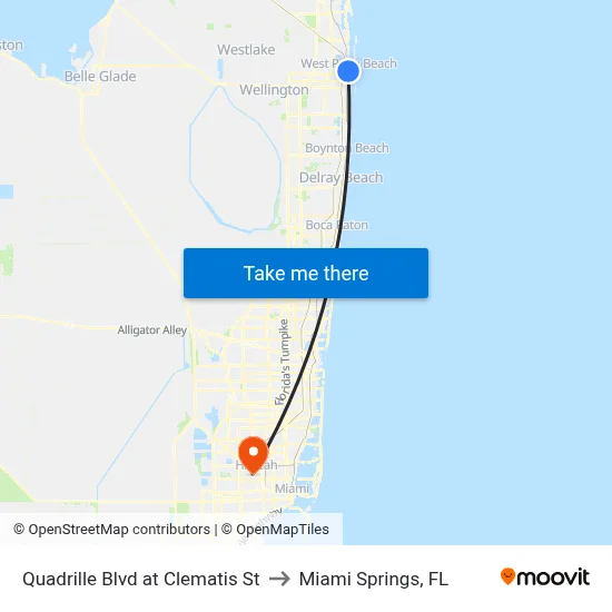 Quadrille Blvd at Clematis St to Miami Springs, FL map