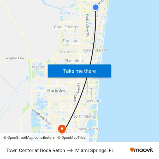 Town Center at Boca Raton to Miami Springs, FL map