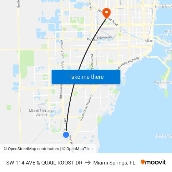 Sw 114 Ave & Quail Roost Dr to Miami Springs, FL map