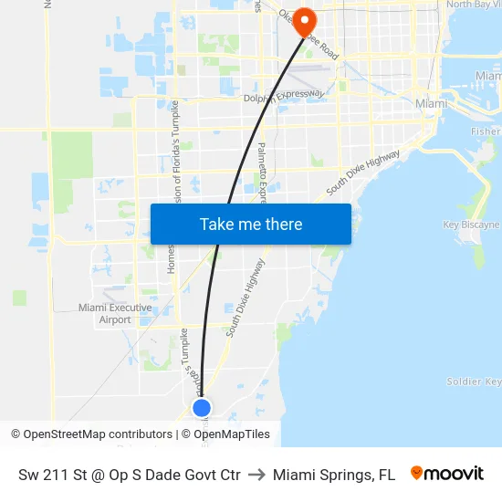 Sw 211 St @ Op S Dade Govt Ctr to Miami Springs, FL map
