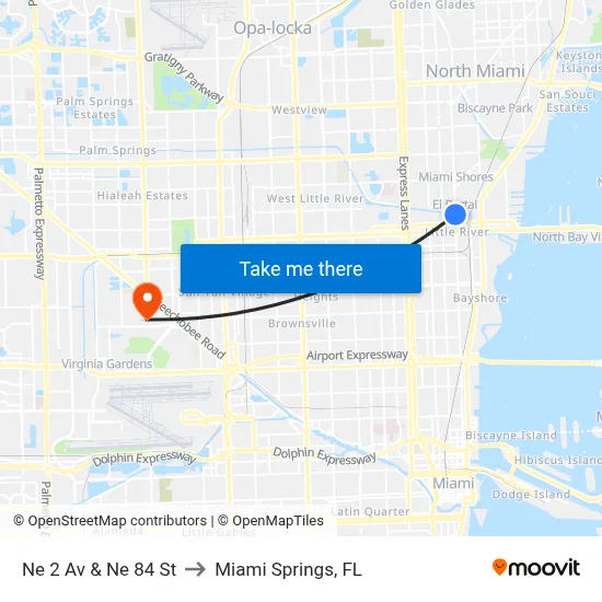Ne 2 Av & Ne 84 St to Miami Springs, FL map