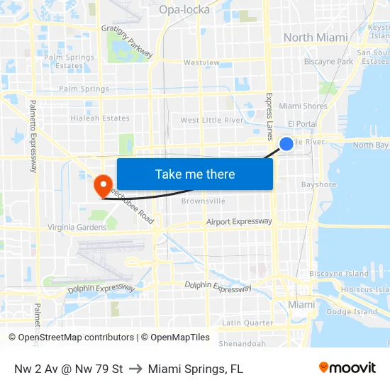 Nw 2 Av @ Nw 79 St to Miami Springs, FL map