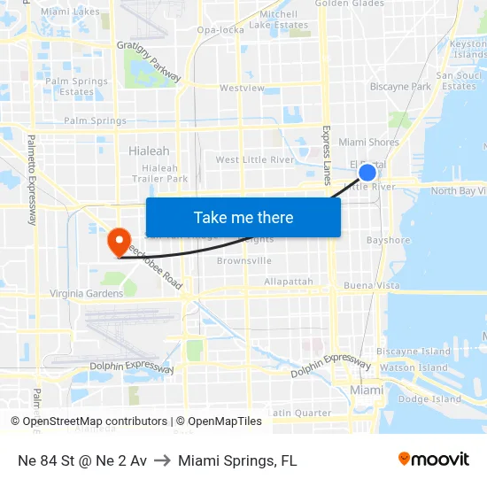Ne 84 St @ Ne 2 Av to Miami Springs, FL map
