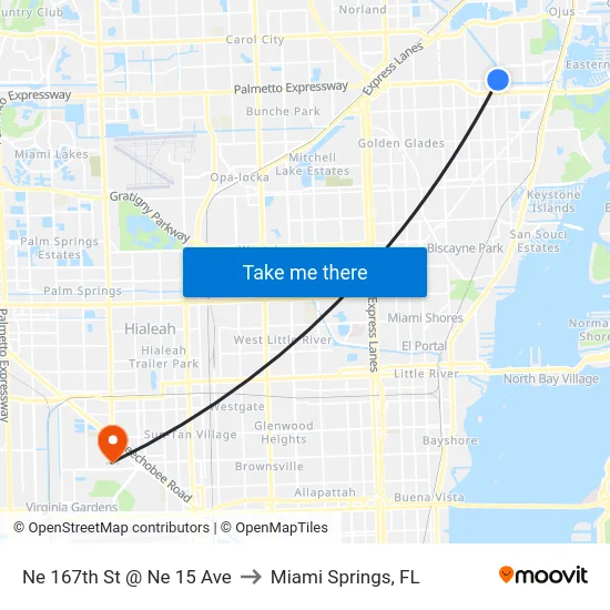 Ne 167th St @ Ne 15 Ave to Miami Springs, FL map