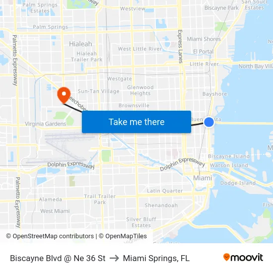 Biscayne Blvd @ Ne 36 St to Miami Springs, FL map