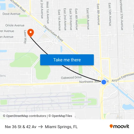 Nw 36 St & 42 Av to Miami Springs, FL map