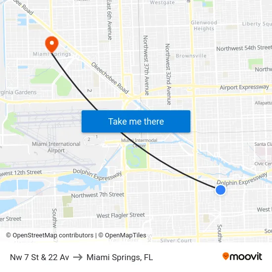 Nw 7 St & 22 Av to Miami Springs, FL map