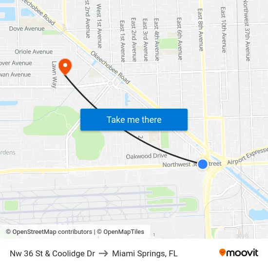 Nw 36 St & Coolidge Dr to Miami Springs, FL map