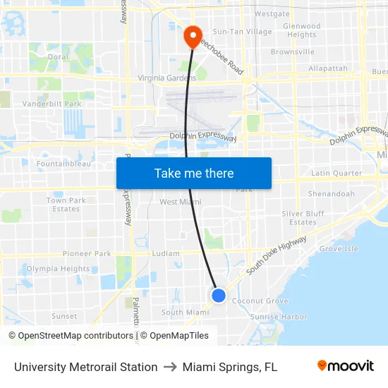 University Metrorail Station to Miami Springs, FL map