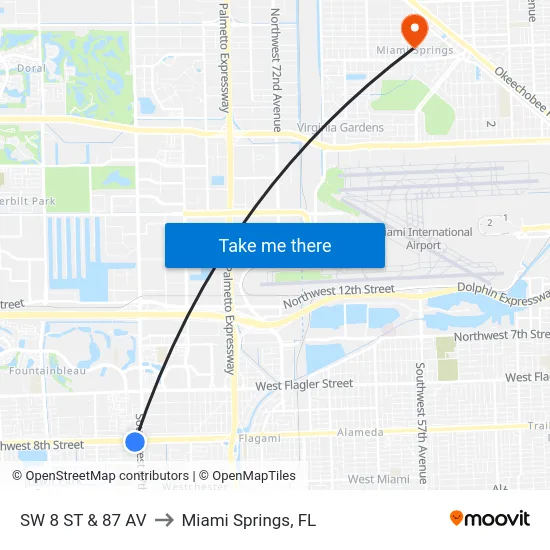 Sw 8 St & 87 Av to Miami Springs, FL map