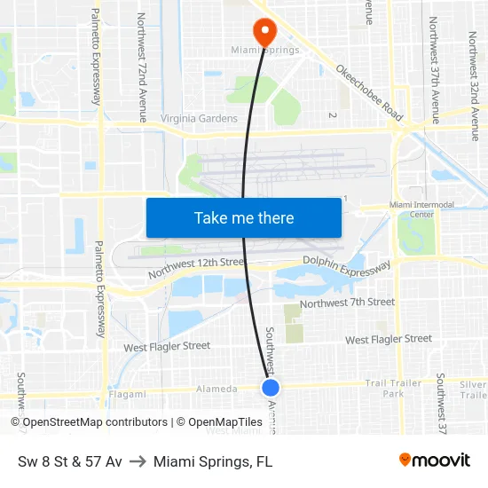 Sw 8 St & 57 Av to Miami Springs, FL map