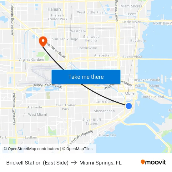 Brickell Station (East Side) to Miami Springs, FL map
