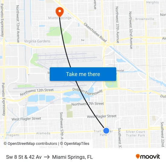 Sw 8 St & 42 Av to Miami Springs, FL map