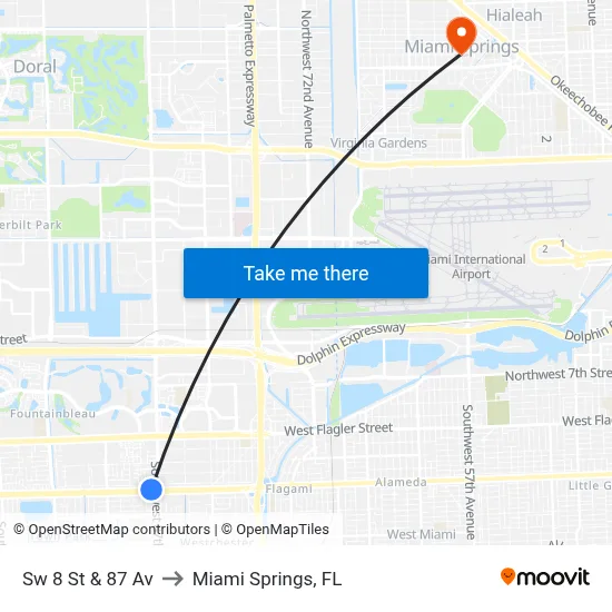 Sw 8 St & 87 Av to Miami Springs, FL map