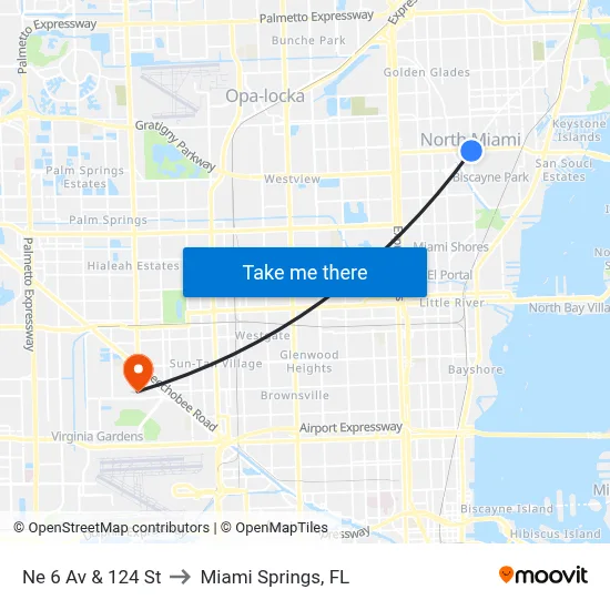 Ne 6 Av & 124 St to Miami Springs, FL map