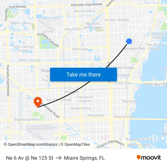 Ne 6 Av @ Ne 125 St to Miami Springs, FL map