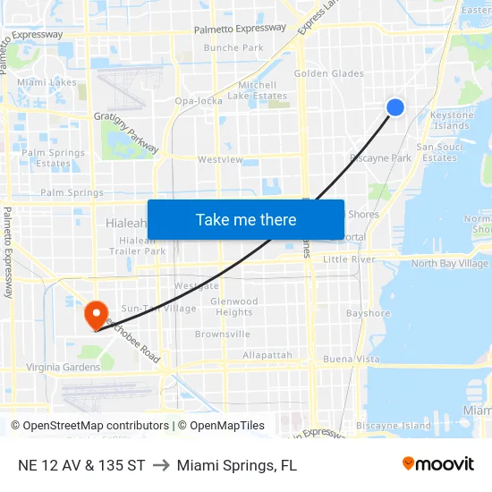 Ne 12 Av & 135 St to Miami Springs, FL map