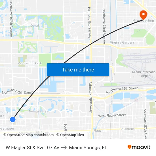 W Flagler St & Sw 107 Av to Miami Springs, FL map