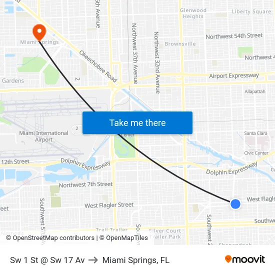 Sw 1 St @ Sw 17 Av to Miami Springs, FL map
