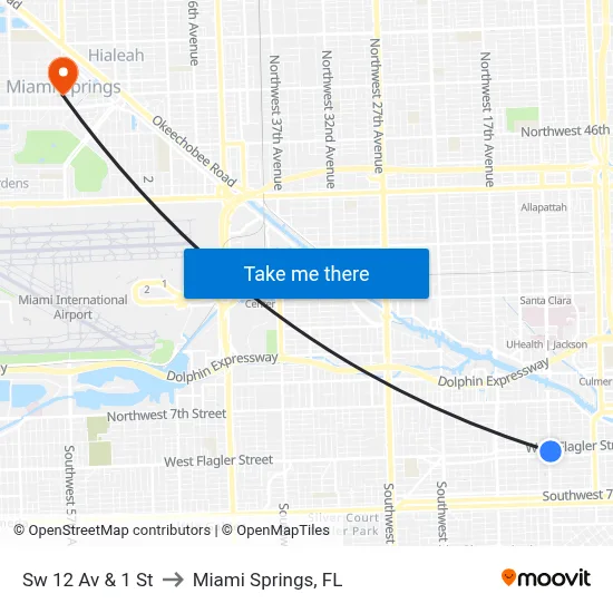 Sw 12 Av & 1 St to Miami Springs, FL map