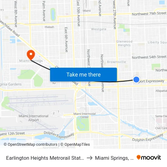 Earlington Heights Metrorail Station to Miami Springs, FL map