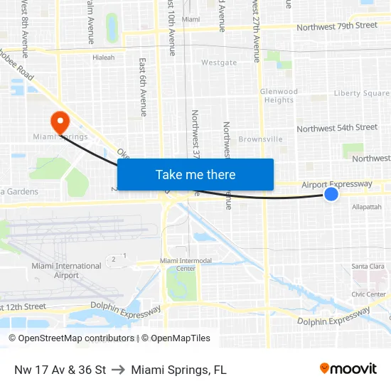 Nw 17 Av & 36 St to Miami Springs, FL map