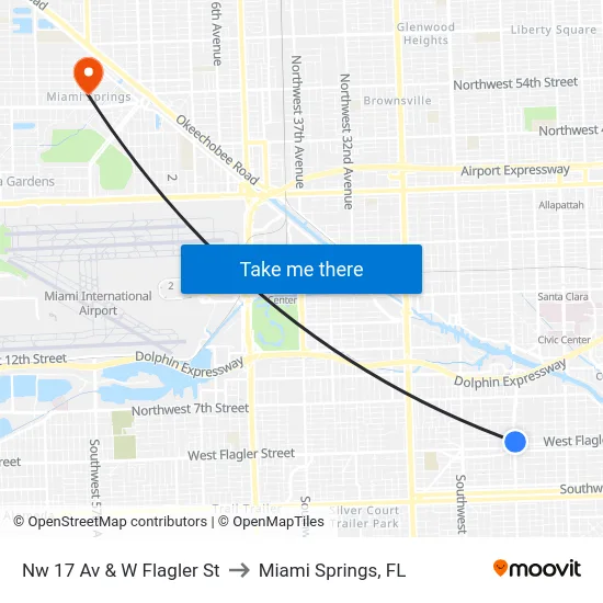 Nw 17 Av & W Flagler St to Miami Springs, FL map