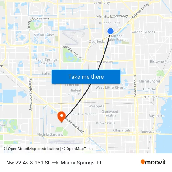 Nw 22 Av & 151 St to Miami Springs, FL map