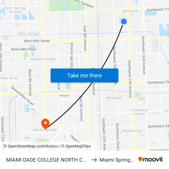 Miami Dade College North Campus to Miami Springs, FL map