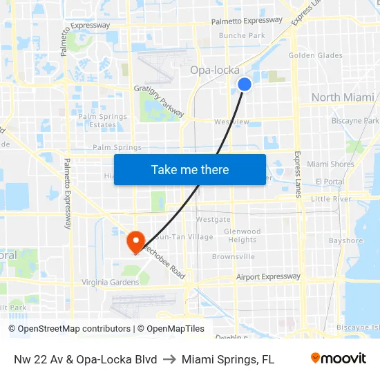 Nw 22 Av & Opa-Locka Blvd to Miami Springs, FL map