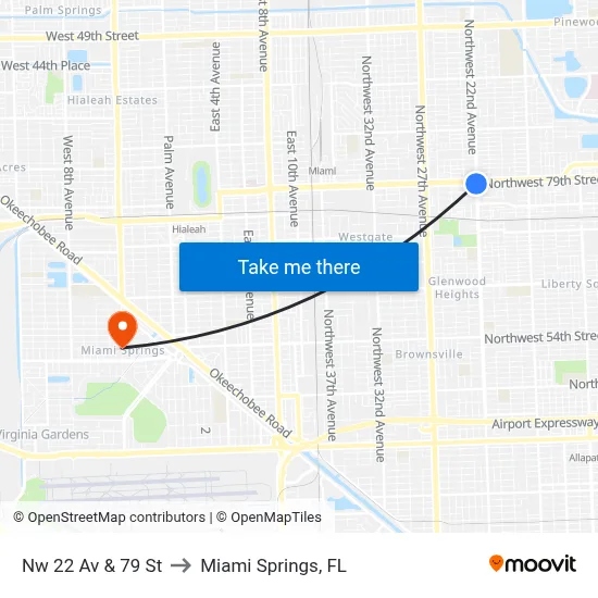 Nw 22 Av & 79 St to Miami Springs, FL map