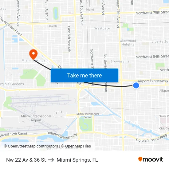 Nw 22 Av & 36 St to Miami Springs, FL map