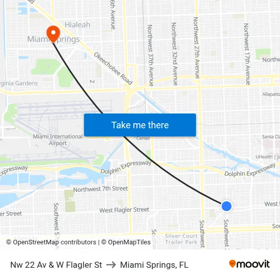 Nw 22 Av & W Flagler St to Miami Springs, FL map