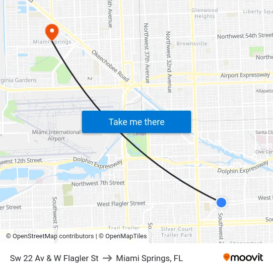 Sw 22 Av & W Flagler St to Miami Springs, FL map