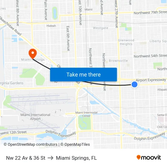 Nw 22 Av & 36 St to Miami Springs, FL map