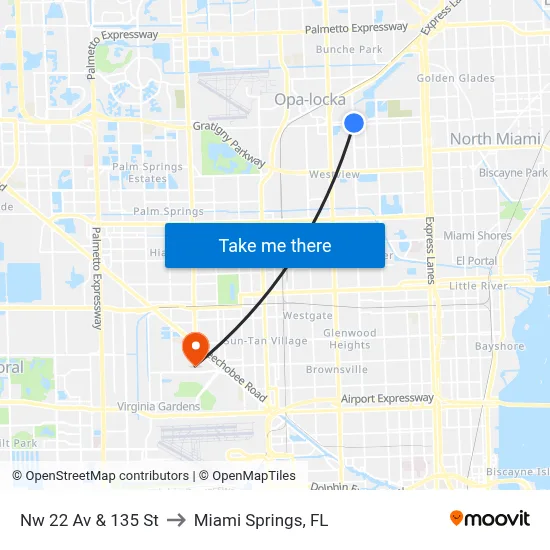 Nw 22 Av & 135 St to Miami Springs, FL map