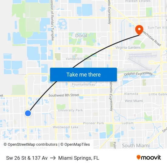 Sw 26 St & 137 Av to Miami Springs, FL map