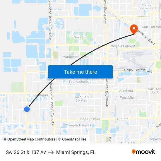 Sw 26 St & 137 Av to Miami Springs, FL map