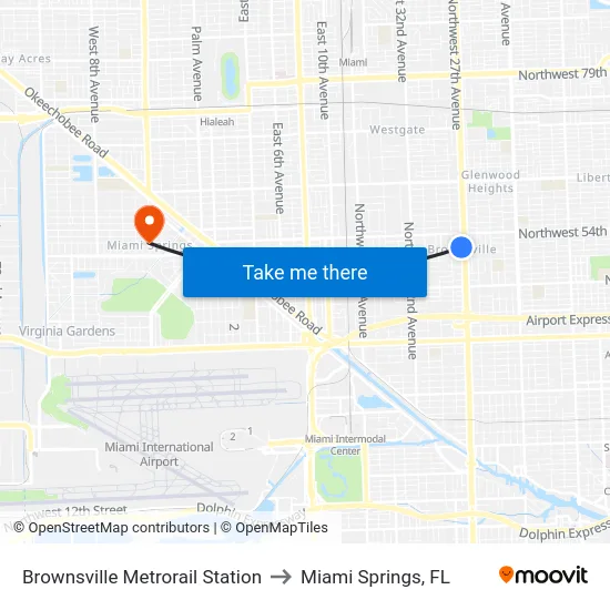 Brownsville Metrorail Station to Miami Springs, FL map