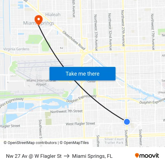 Nw 27 Av @ W Flagler St to Miami Springs, FL map