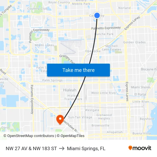 Nw 27 Ave @ Nw 183rd St to Miami Springs, FL map