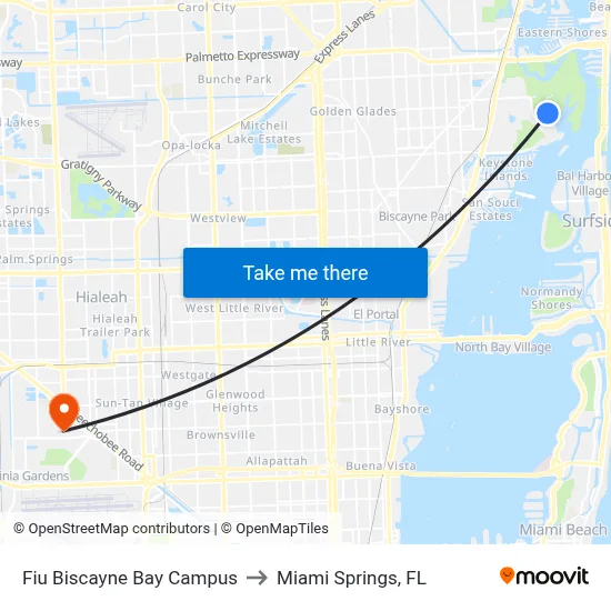 Fiu Biscayne Bay Campus to Miami Springs, FL map