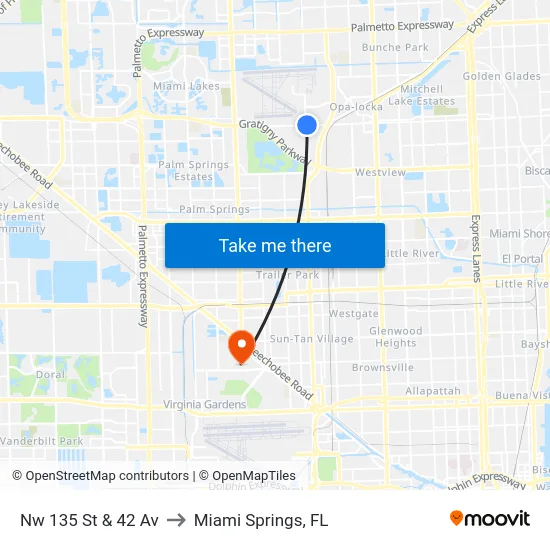 Nw 135 St & 42 Av to Miami Springs, FL map